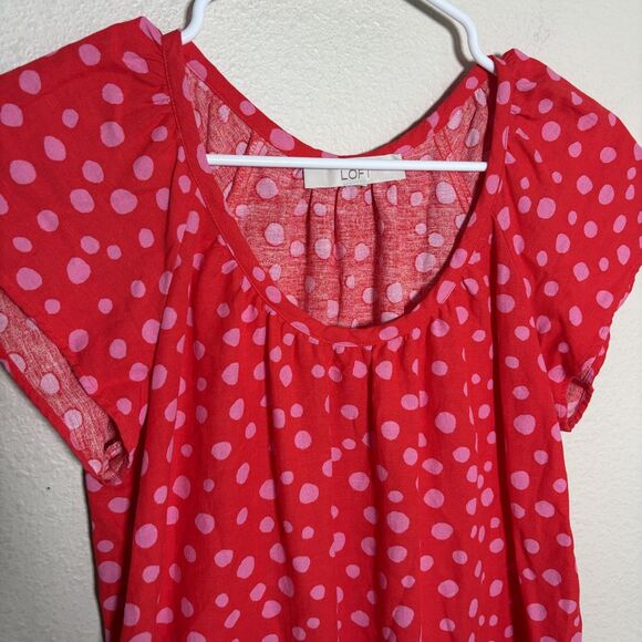 Loft Blouse Women's Small Red Pink Polka Dot Linen Blend Round Neck Ruffle Top - Picture 2 of 8